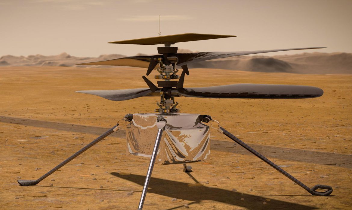 Concepção artística do veículo voador Ingenuity da Mars2020