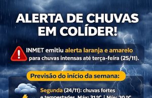 🌧️ Alerta Laranja e Amarelo em Colíder! 🚨 INMET emitiu alerta para chuvas intensas até terça-feira (25/11)
