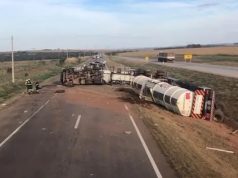 CARGA PERIGOSA: carreta tomba na BR-163 e interdita totalmente rodovia em MT