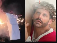 Cena quase vira tragédia: figurino de Henri Castelli pega fogo durante encenação de A Paixão de Cristo.VÍDEO