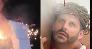 Cena quase vira tragédia: figurino de Henri Castelli pega fogo durante encenação de A Paixão de Cristo.VÍDEO