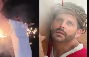 Cena quase vira tragédia: figurino de Henri Castelli pega fogo durante encenação de A Paixão de Cristo.VÍDEO