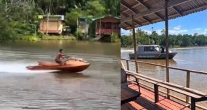 Brasileiro cria jetski de madeira no PA e recebe visita da Marinha, após vídeo viralizar