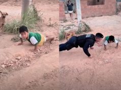 Cuiabaninho de 4 anos desafia PM e faz 33 flexões com ele na rua; vídeo