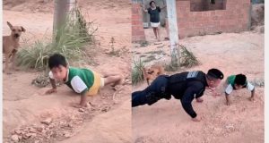 Cuiabaninho de 4 anos desafia PM e faz 33 flexões com ele na rua; vídeo