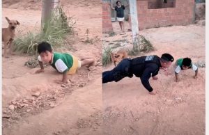 Cuiabaninho de 4 anos desafia PM e faz 33 flexões com ele na rua; vídeo