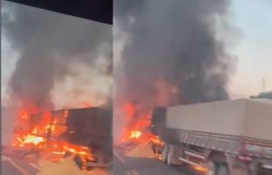 Mais uma carreta pega fogo na BR-163 e impressiona motoristas