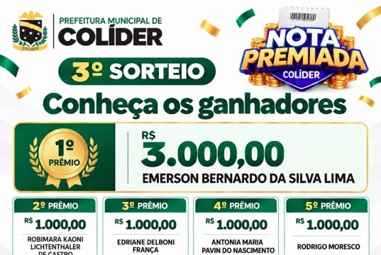 3º SORTEIO NOTA PREMIADA: Prefeitura de Colíder divulga cinco ganhadores