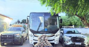 Droga é apreendida pelas PM e Gefron escondida em bagageiro de ônibus de Prefeitura Municipal de MT